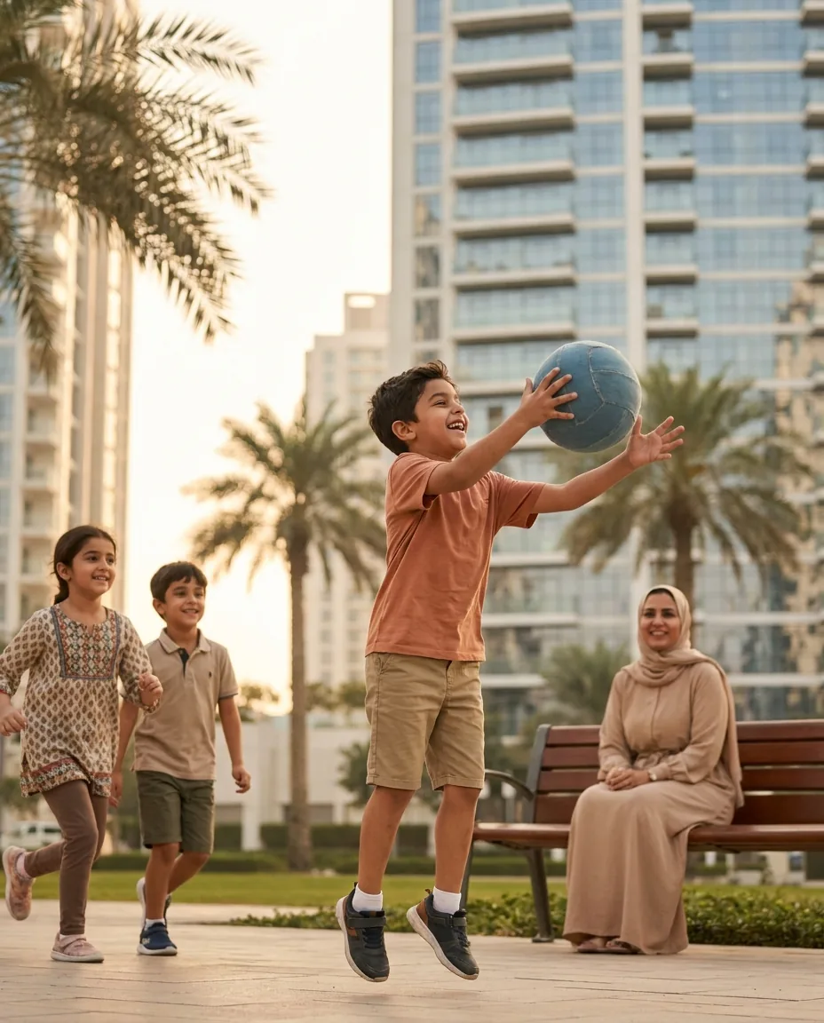 A smiling child playing a ball game together with other kids outdoors while a parent watches happily