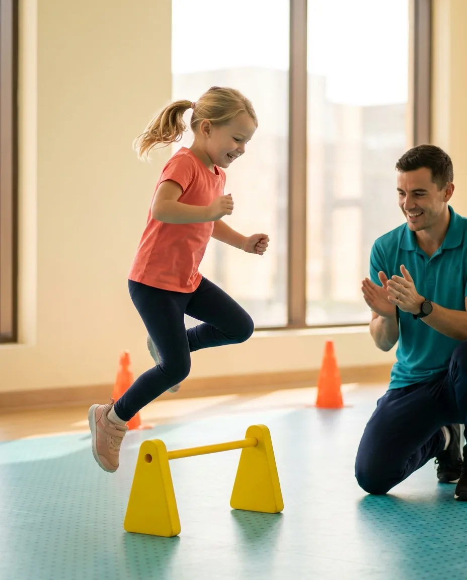 A laughing young child mid-jump over soft training hurdles while a kneeling coach cheers them on