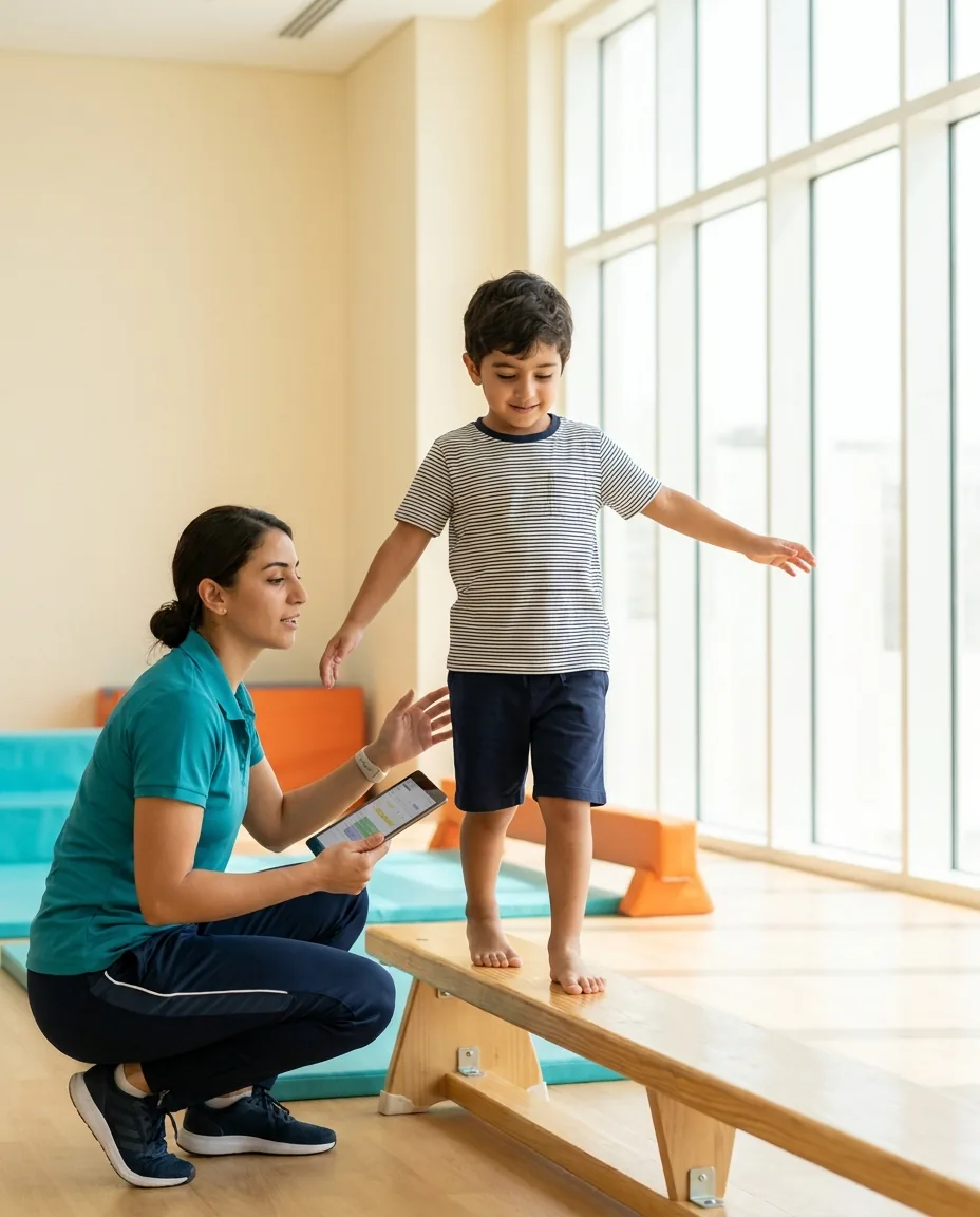 A young child balancing along a low beam while a coach measures the result on a tablet in a bright Dubai sports facility
