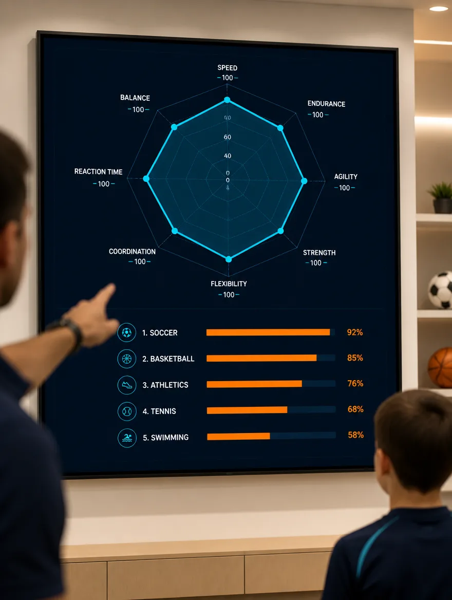 Data visualization showing movement skills assessment metrics benchmarked against age norms