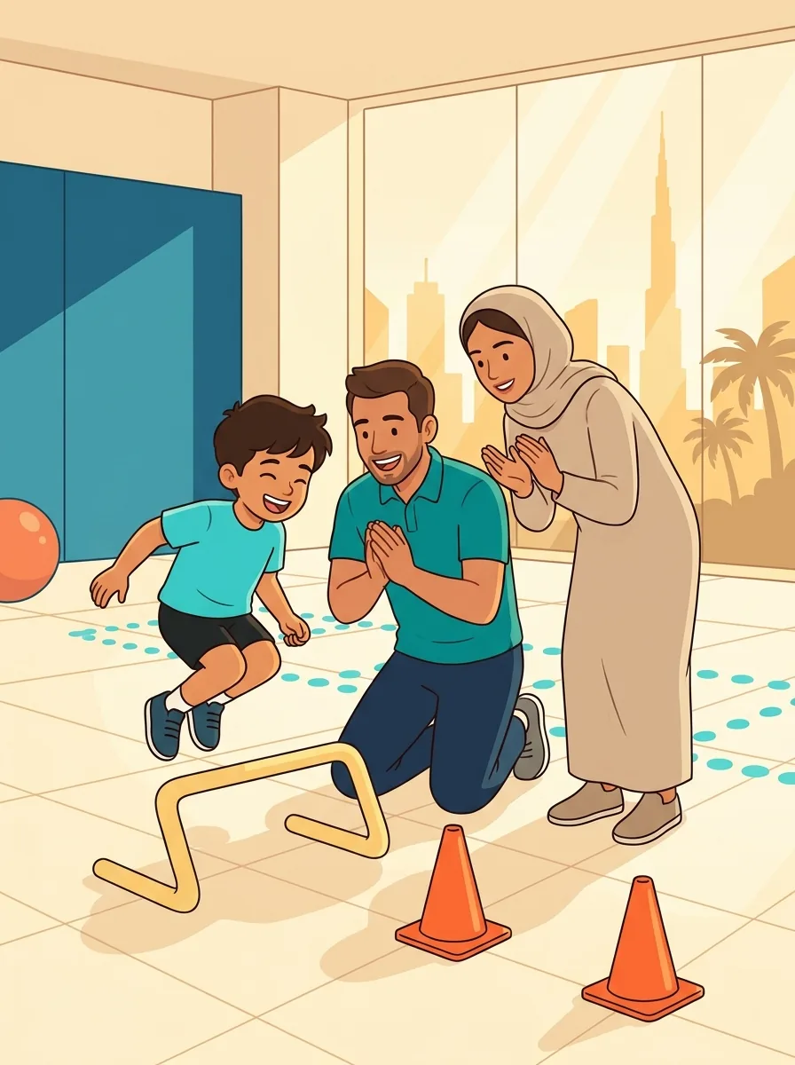 Illustrated scene of a young child playing through a movement skills session with a friendly coach in a Dubai sports facility